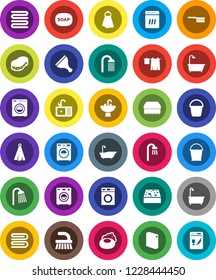 White Solid Icon Set- soap vector, scraper, fetlock, bucket, sponge, towel, bath, drying clothes, washer, washing powder, shower, sink, dishwasher