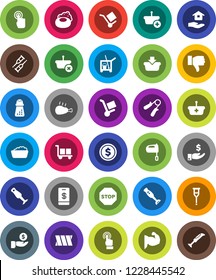 White Solid Icon Set- soap vector, cleaner trolley, foam basin, house hold, hand mill, mixer, blender, chicken leg, dollar coin, investment, trainer, muscule, cargo, touchscreen, finger down, stop