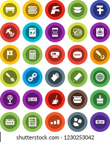 White Solid Icon Set- soap vector, water tap, scoop, towel, rubber glove, garbage pile, skimmer, ladle, plates, pencil, abacus, bank building, calculator, dollar flag, hoop, sorting, satellitie, fan