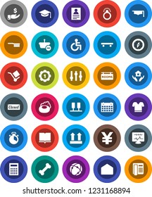 White Solid Icon Set- soap vector, fetlock, house hold, cook timer, book, graduate hat, calculator, compass, personal information, investment, yen sign, t shirt, skateboard, medal, calendar, bone
