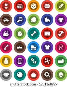 White Solid Icon Set- soap vector, potato, diet, stadium, stopwatch, jump rope, fitball, snickers, boxing glove, shorts, swimsuite, t shirt, roller Skates, molecule, fitness mat, bone, oxygen, pills