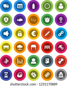 White Solid Icon Set- soap vector, ruler, alarm clock, constellation, sand, euro sign, water bottle, hoop, route, calendar, music hit, satellitie, speaker, equalizer, link, broken bone, medical room