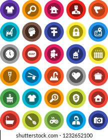 White Solid Icon Set- soap vector, cleaner trolley, water tap, pan, cook press, skimmer, hand mill, bank building, money search, clock, t shirt, navigator, support, gamepad, video camera, heart