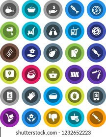 White Solid Icon Set- soap vector, cleaner trolley, foam basin, rubber glove, house hold, mixer, blender, chicken leg, dollar coin, investment, hand trainer, boxing, traking, finger down, crutches