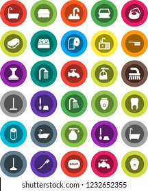 White Solid Icon Set- soap vector, fetlock, mop, sponge, water tap, car, bath, toilet brush, liquid, paper, shower, sink, tooth, epilator