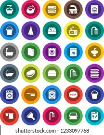 White Solid Icon Set- soap vector, scraper, fetlock, bucket, sponge, towel, bath, drying clothes, washer, washing powder, shower, sink, dishwasher