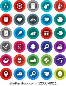 White Solid Icon Set- soap vector, measuring, stadium, bike, weight, jump rope, hand trainer, fitball, swimsuite, enegry drink, fitness mat, no alcohol sign, heart cross, ambulance star, pulse