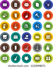 White Solid Icon Set- soap vector, scraper, broom, vacuum cleaner, mop, scoop, rake, sponge, towel, trash bin, water drop, shining, splotch, welcome mat, iron, steaming, washing powder, liquid