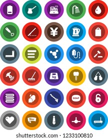 White Solid Icon Set- soap vector, rake, water drop, shower, kettle, towel, whisk, turk coffee, corner ruler, molecule, crisis, tie, yen sign, boxing glove, weight, satellitie, heart, battery, menu