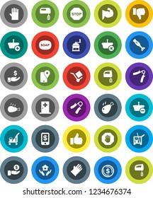 White Solid Icon Set- soap vector, cleaner trolley, rubber glove, house hold, hand mill, mixer, blender, chicken leg, dollar coin, investment, trainer, muscule, traking, cargo, finger up, down, stop