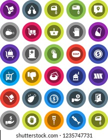 White Solid Icon Set- soap vector, cleaner trolley, rubber glove, hand mill, mixer, blender, chicken leg, dollar coin, investment, boxing, traking, cargo, touchscreen, finger down, crutches, bandage