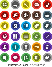 White Solid Icon Set- soap vector, plunger, water tap, vacuum cleaner, fetlock, clothespin, sponge, towel, trash bin, drop, car, welcome mat, steaming, bath, toilet, washer, washing powder, plates