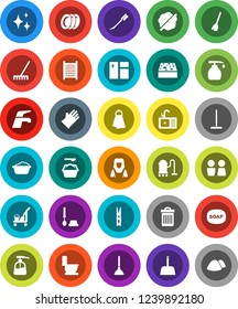 White Solid Icon Set- soap vector, plunger, cleaner trolley, broom, water tap, vacuum, mop, rake, scoop, clothespin, sponge, towel, trash bin, car fetlock, shining, window cleaning, splotch, toilet