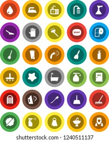 White Solid Icon Set- soap vector, plunger, broom, vacuum cleaner, rake, scoop, towel, trash bin, water drop, car fetlock, splotch, iron, steaming, bath, liquid, sprayer, cleaning agent, washboard