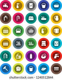 White Solid Icon Set- soap vector, scraper, water tap, bucket, sponge, foam basin, sprayer, shower, sink, measuring cup, double boiler, jug, enegry drink, bottle, pool, pond, supply, bath, heating