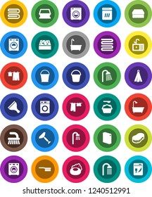 White Solid Icon Set- soap vector, scraper, fetlock, bucket, sponge, towel, bath, drying clothes, washer, washing powder, shower, sink, dishwasher