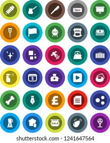 White Solid Icon Set- soap vector, shining, sprayer, kettle, turk coffee, bbq, chicken leg, pen, pencil, document, flag, presentation board, dollar calendar, pound, bone, satellitie, play button