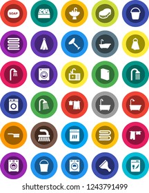 White Solid Icon Set- soap vector, scraper, fetlock, bucket, sponge, towel, bath, drying clothes, washer, washing powder, shower, sink, dishwasher