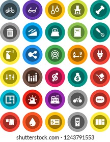 White Solid Icon Set- soap vector, trash bin, water drop, drying clothes, sprayer, closet, kettle, whisk, glasses, money bag, receipt, bike, target, stairways run, bone, gymnast rings, cargo, route
