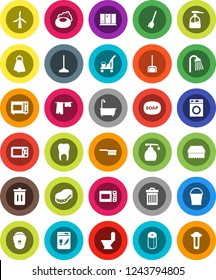White Solid Icon Set- soap vector, cleaner trolley, broom, fetlock, mop, scoop, bucket, sponge, towel, trash bin, bath, toilet, drying clothes, washer, liquid, shining window, paper, shower, tooth