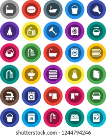 White Solid Icon Set- soap vector, scraper, fetlock, bucket, sponge, towel, bath, drying clothes, washer, washing powder, shower, sink, dishwasher