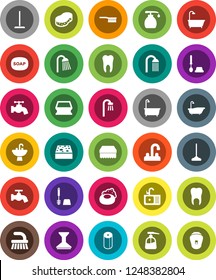White Solid Icon Set- soap vector, fetlock, mop, sponge, water tap, car, bath, toilet brush, liquid, paper, shower, sink, tooth, epilator