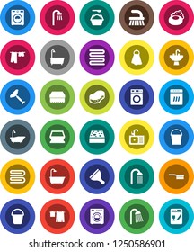 White Solid Icon Set- soap vector, scraper, fetlock, bucket, sponge, towel, bath, drying clothes, washer, washing powder, shower, sink, dishwasher