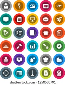 White Solid Icon Set- soap vector, mop, pan, scales, cook hat, skimmer, meat hammer, cookbook, presentation, document, exam, graph, clock, calendar, gold ingot, roller Skates, stairways run, plane