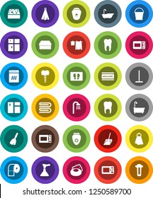 White Solid Icon Set- soap vector, plunger, broom, mop, scoop, bucket, sponge, towel, window cleaning, welcome mat, bath, drying clothes, shining, toilet paper, microwave oven, tooth, implant