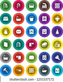 White Solid Icon Set- soap vector, scraper, fetlock, bucket, sponge, towel, bath, drying clothes, washer, washing powder, shower, sink, dishwasher