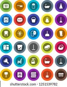 White Solid Icon Set- soap vector, plunger, scraper, cleaner trolley, fetlock, mop, scoop, bucket, sponge, towel, trash bin, window cleaning, welcome mat, bath, washer, liquid, toilet paper, tooth