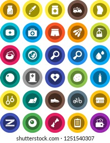 White Solid Icon Set- soap vector, liquid, potato, measuring, clipboard, bike, punching bag, fitball, buttocks, snickers, shorts, fitness mat, shuttlecock, heart cross, first aid kit, gymnast rings