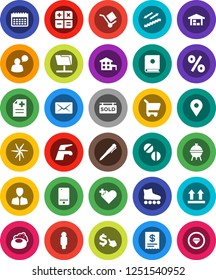 White Solid Icon Set- soap vector, water tap, bbq, pen, manager, man, dollar cursor, roller Skates, calendar, stairways run, map pin, cargo, top sign, mobile phone, speaking, heart cross, pills