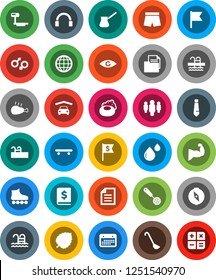 White Solid Icon Set- soap vector, skimmer, ladle, turk coffee, chicken leg, compass, document, flag, leaf, annual report, man, dollar, tie, muscule hand, shorts, roller Skates, skateboard, pool
