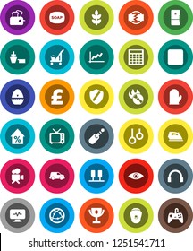 White Solid Icon Set- soap vector, cleaner trolley, iron, cook glove, timer, award cup, graph, percent growth, calculator, pound, cereals, gymnast rings, car, port, music hit, tv, video camera, jack