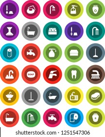 White Solid Icon Set- soap vector, water tap, fetlock, mop, sponge, car, bath, toilet brush, liquid, paper, shower, sink, tooth, epilator