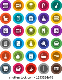 White Solid Icon Set- soap vector, scraper, broom, fetlock, mop, scoop, sponge, towel, trash bin, window cleaning, toilet, washer, liquid, paper, microwave oven, tooth, implant, bath, dishwasher