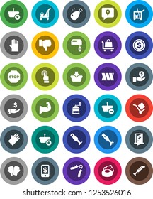 White Solid Icon Set- soap vector, cleaner trolley, rubber glove, hand mill, blender, chicken leg, dollar coin, investment, trainer, muscule, boxing, traking, cargo, touchscreen, finger down, stop