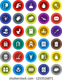 White Solid Icon Set- soap vector, water tap, vacuum cleaner, rake, scoop, clothespin, sponge, towel, trash bin, drop, car fetlock, shining, welcome mat, toilet, washer, rubber glove, washboard