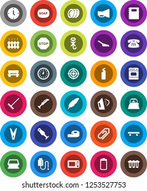 White Solid Icon Set- soap vector, rake, scoop, clothespin, sponge, steaming, cleaning agent, kettle, blender, plates, copybook, pen, clock, measuring, skateboard, target, no hook, loudspeaker, stop