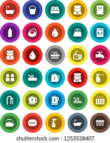 White Solid Icon Set- soap vector, bucket, sponge, water drop, tap, bath, sprayer, shower, closet, sink, kettle, double boiler, bottle, pool, heating, dishwasher, filter