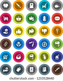 White Solid Icon Set- soap vector, cleaner trolley, rubber glove, house hold, hand mill, chicken leg, dollar coin, investment, trainer, muscule, boxing, cargo, touchscreen, finger up, down, crutches