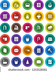 White Solid Icon Set- soap vector, scraper, fetlock, bucket, sponge, towel, bath, drying clothes, washer, washing powder, shower, sink, dishwasher