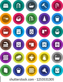 White Solid Icon Set- soap vector, scraper, fetlock, bucket, sponge, towel, bath, drying clothes, washer, washing powder, shower, sink, dishwasher