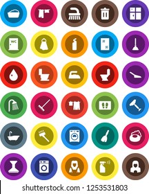 White Solid Icon Set- soap vector, plunger, scraper, broom, vacuum cleaner, fetlock, rake, scoop, towel, trash bin, water drop, car, window cleaning, welcome mat, iron, bath, toilet, drying clothes