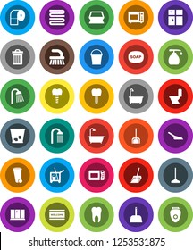 White Solid Icon Set- soap vector, cleaner trolley, fetlock, mop, scoop, bucket, sponge, trash bin, welcome mat, bath, toilet, liquid, shining window, paper, shower, towel, microwave oven, tooth