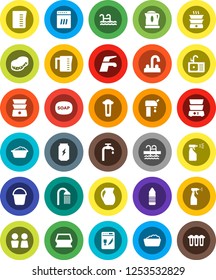 White Solid Icon Set- soap vector, water tap, bucket, sponge, foam basin, sprayer, shower, closet, sink, measuring cup, double boiler, jug, enegry drink, bottle, pool, supply, dishwasher, kettle