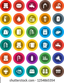 White Solid Icon Set- soap vector, scraper, sponge, water drop, tap, sprayer, shower, closet, sink, kettle, measuring cup, double boiler, enegry drink, bottle, pond, pool, supply, bath, dishwasher