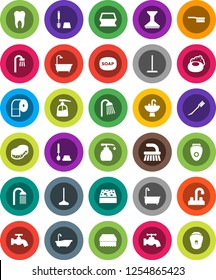 White Solid Icon Set- soap vector, fetlock, mop, sponge, water tap, car, bath, toilet brush, liquid, paper, shower, sink, tooth, epilator