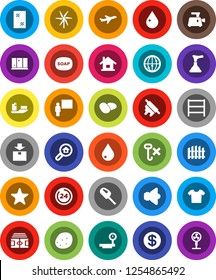 White Solid Icon Set- soap vector, plunger, water drop, window cleaning, shining, rolling pin, potato, blackboard, stadium, plane, ship, no hook, package, big scales, shelving, speaker, internet